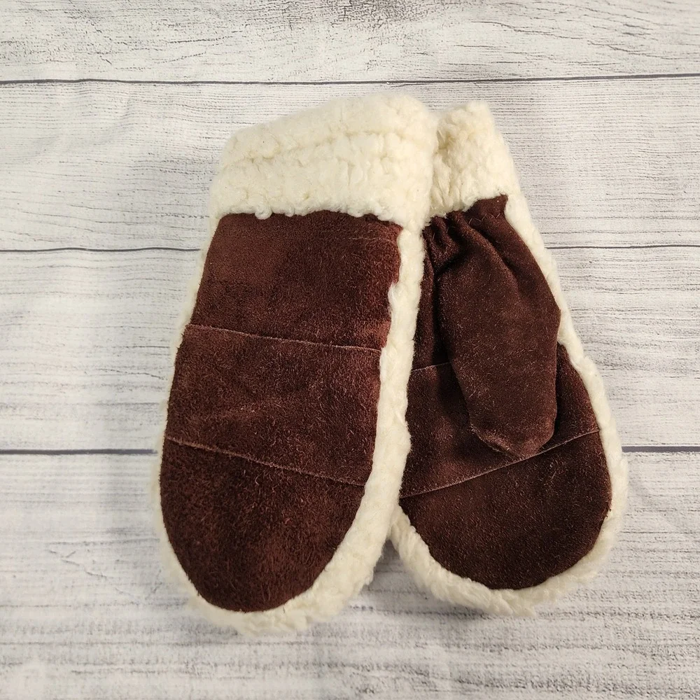 Vintage Avon Brown Suede Mittens Genuine Leather Faux Shearling Trim One Size